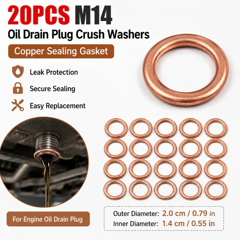 20PCS M14 Oil Drain Plug Washer 14x20mm Copper Crush Gasket Engine Oil Pan Sump Bolt Seal Replacement Kit for VW Audi