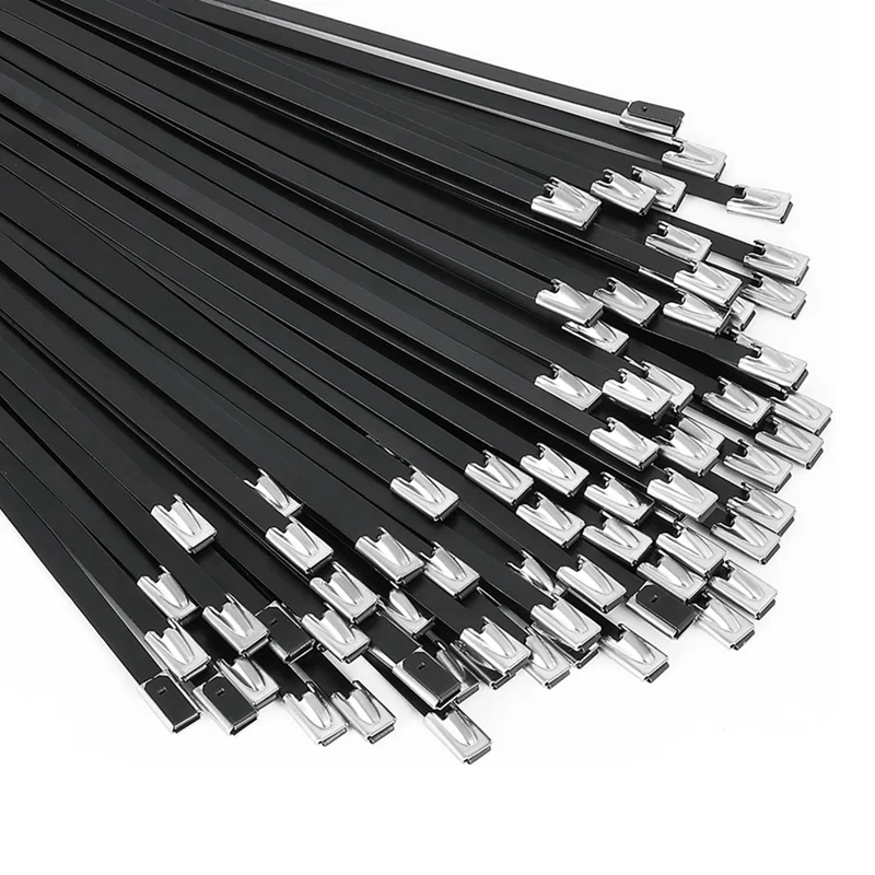 

100Pcs Metal Zip Ties Epoxy Coated Cable Tie 11.8 Inch 304 Stainless Steel For Machinery, Vehicles, Farms, Cables