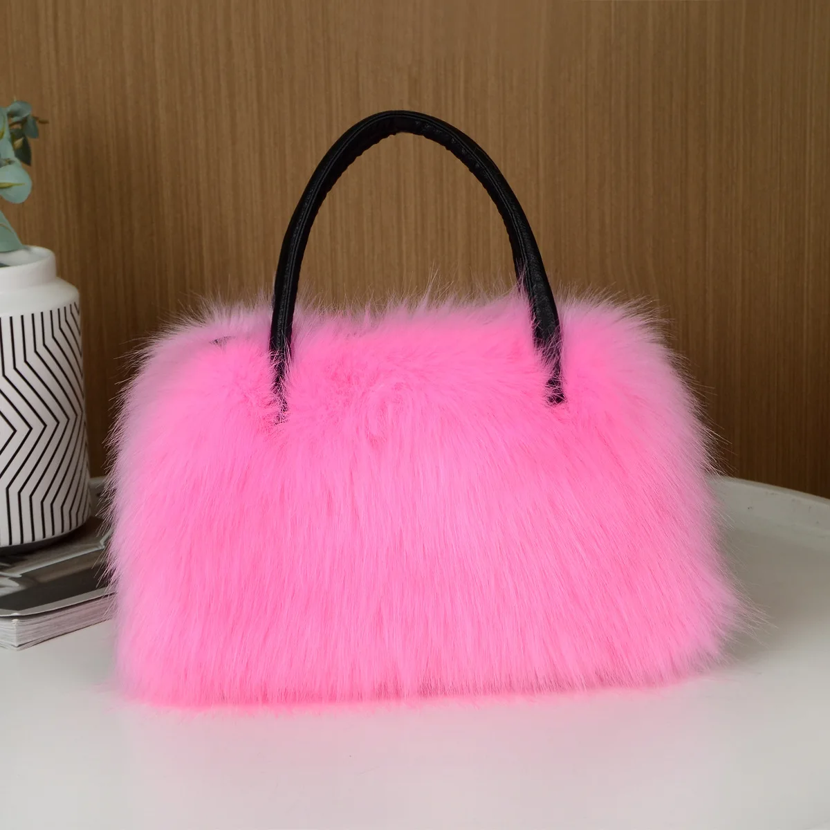 High Quality Fashion Women\'s Bag Fluffy Plush Spliced Pu Leather Handbag Large Capacity Cute Soft Evening Tote Bags