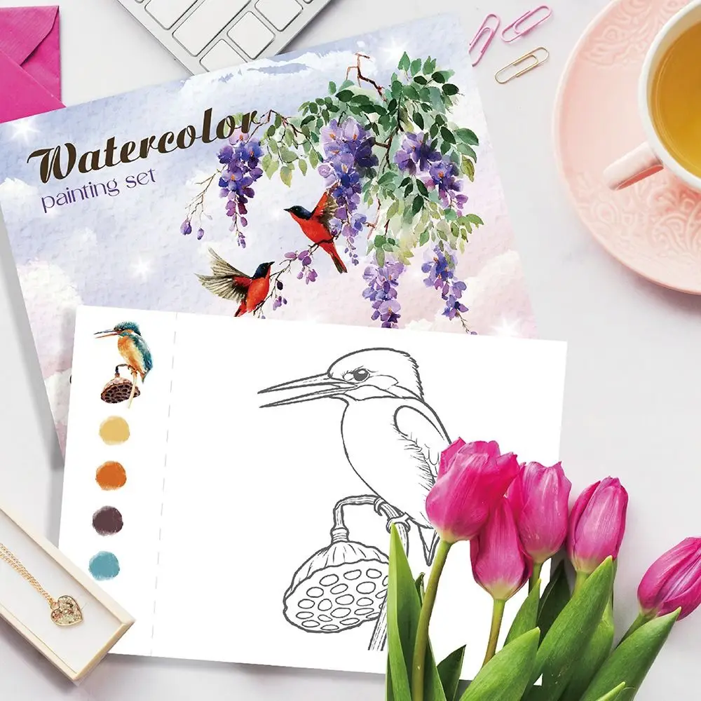 Birds Element Watercolor Paint Set Detailed Steps 20 Illustrations Coloring Book Lifelike Interactive Painting Workbook