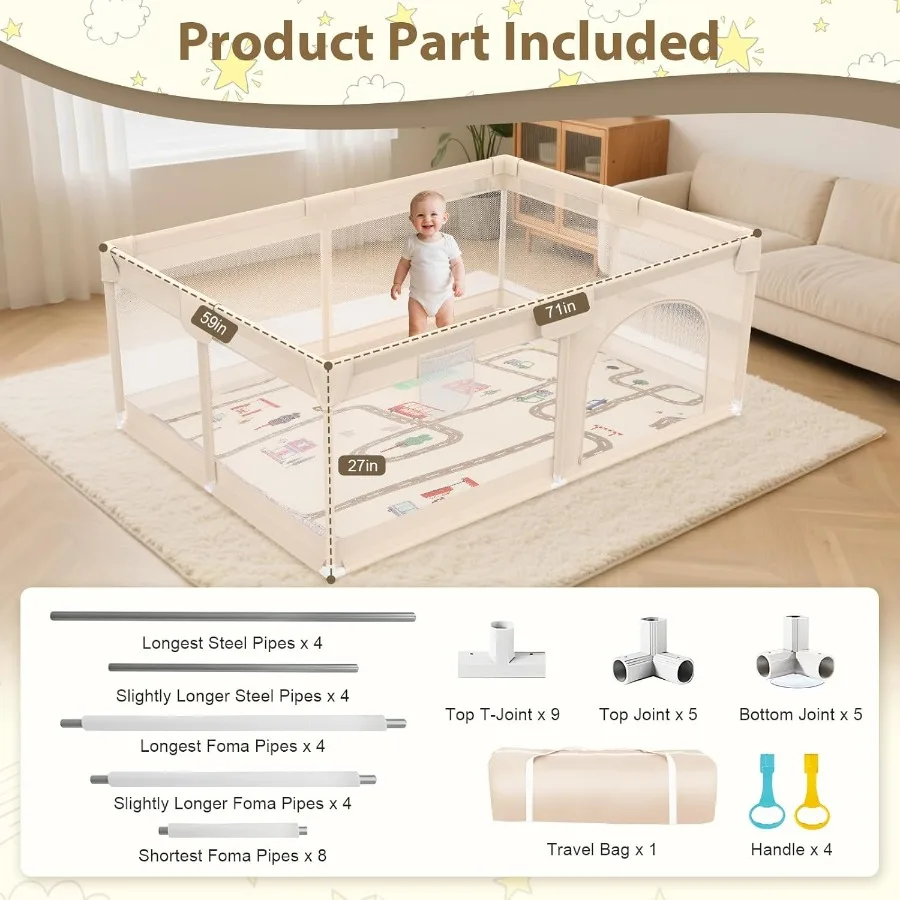 71 x 59 babyspeelpen met mat - binnen- en buitenbox voor baby's en peuters - extra grote speelwerven met zacht schuim en