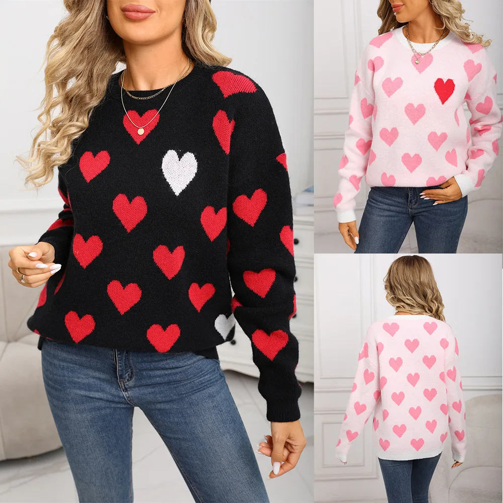 

Valentine's Day Heart-Patterned print Sweaters 2025 Autumn Winter Heartwarming Knitwear O-neck Long Sleeves Slim Pullovers