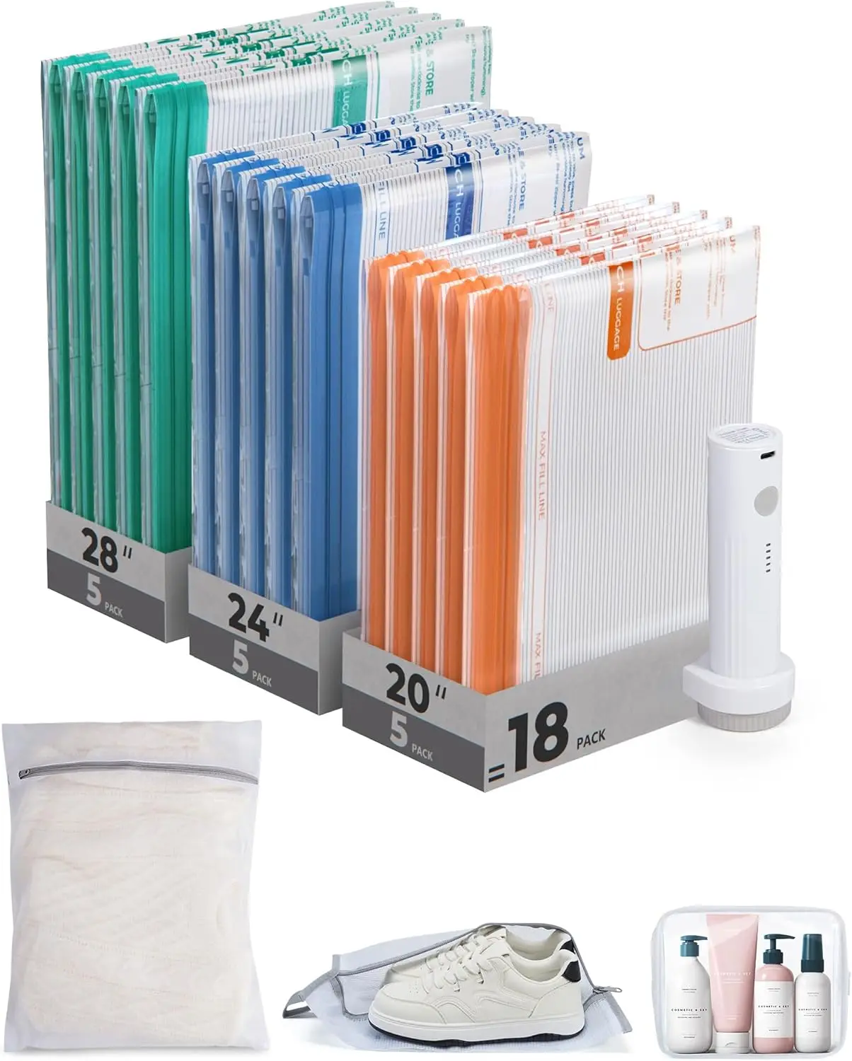 

Vacuum Storage Bags with Rechargeable Pump, 18-Pack Portable Space Saver for Clothes, Blankets, Duvets – Travel & Home