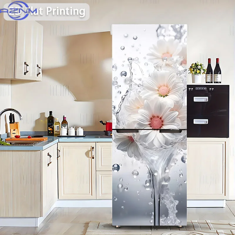 A 2D White Daisy Refrigerator Sticker Featuring a Splash Scene Design, Measuring 59.99×180.01 cm. This Self-Adhesive Wall Stic