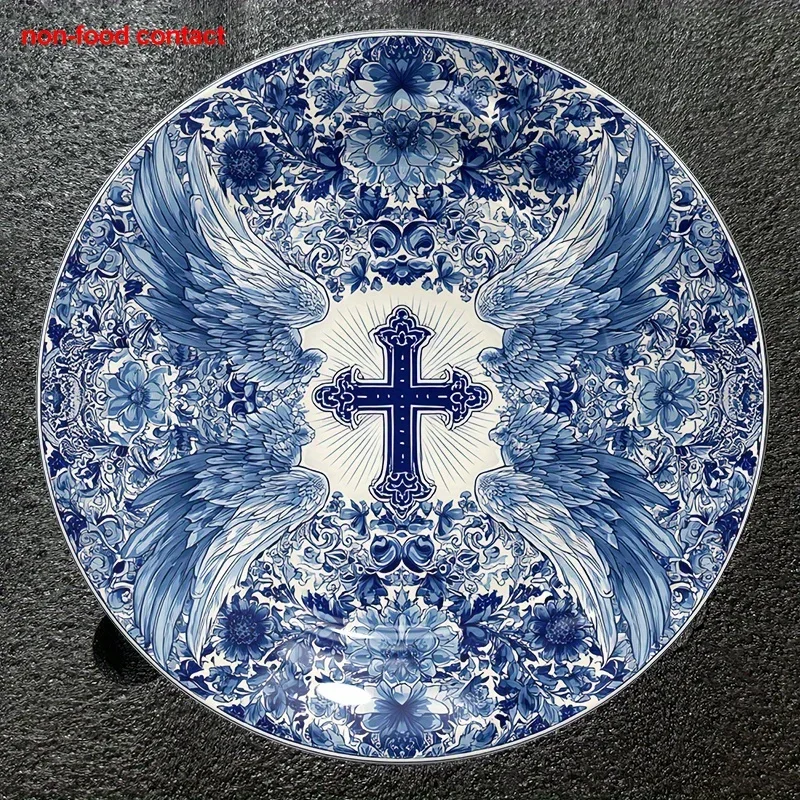 1pc Vintage Blue and White Ceramic Wall Plate - Elegant Angel Wings & Cross Religious Decor, Non-Food Contact Decoration for