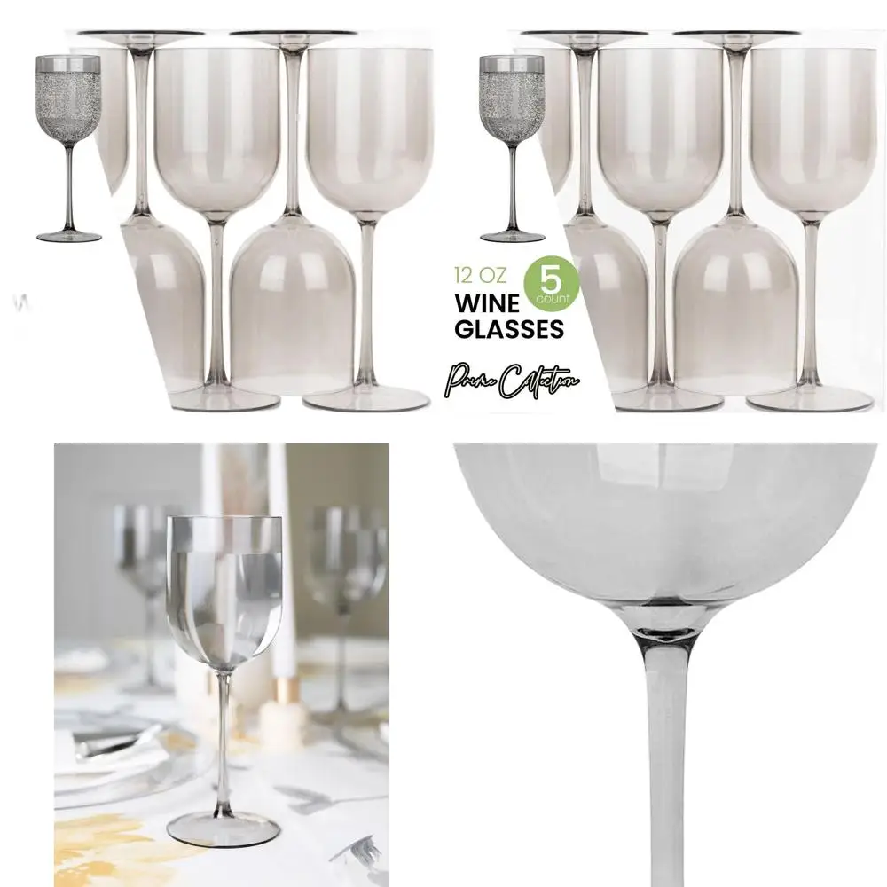 

Set of 25 Grey Plastic Wine Glasses, Elegant Stemmed Goblets, 12 Oz Hard Cups