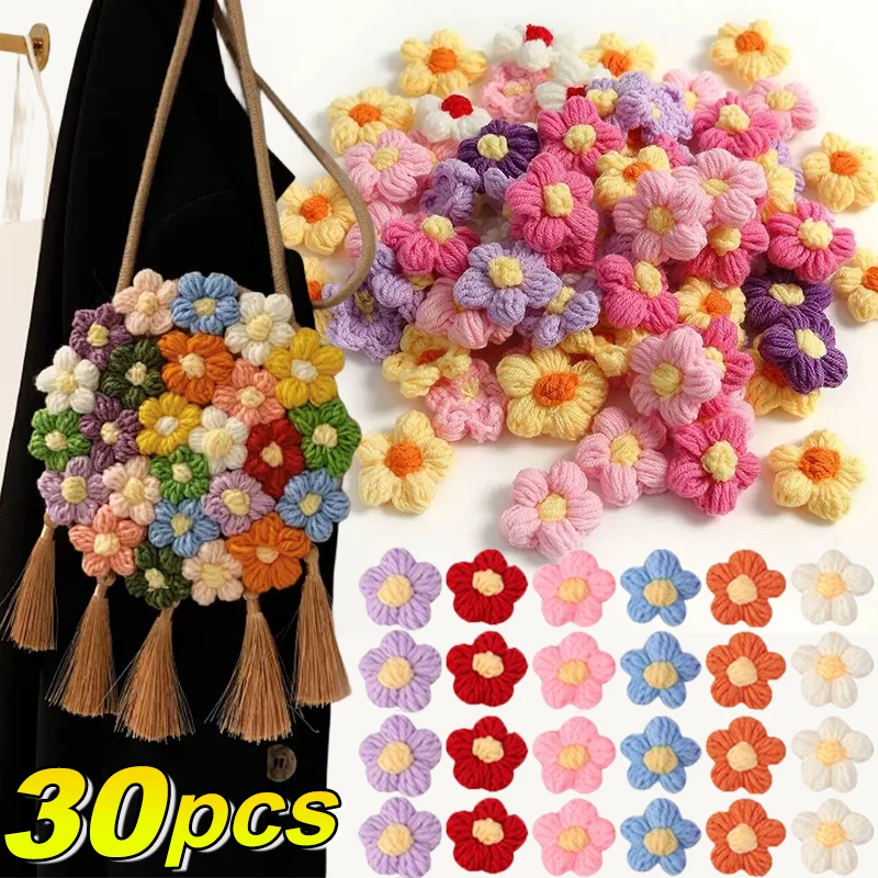 1/30pcs Hand-knitted Flower Applique Sew On Patches Floral Applique For Clothes Shoes Hats Craft Diy Hair Clip Wedding Decor