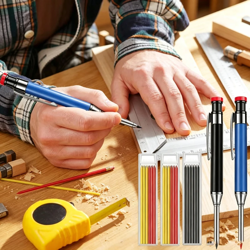 Solid Carpenter Deep‑Hole Mechanical Pencil with Refill Leads, Woodworking Metal Marking Tool for Deep Hole Marking