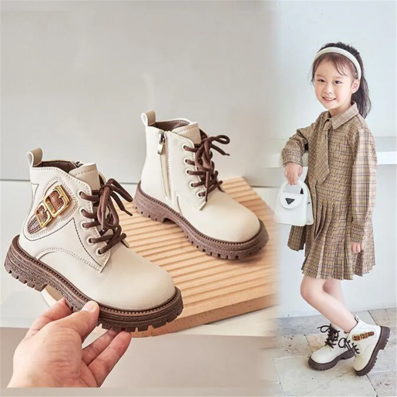 Autumn Winter Fashion School Girls Leather Short Boots Metal Exquisite Decoration Kid Lace Up Zip Shoes Boy Plush Pu Ankle Boots