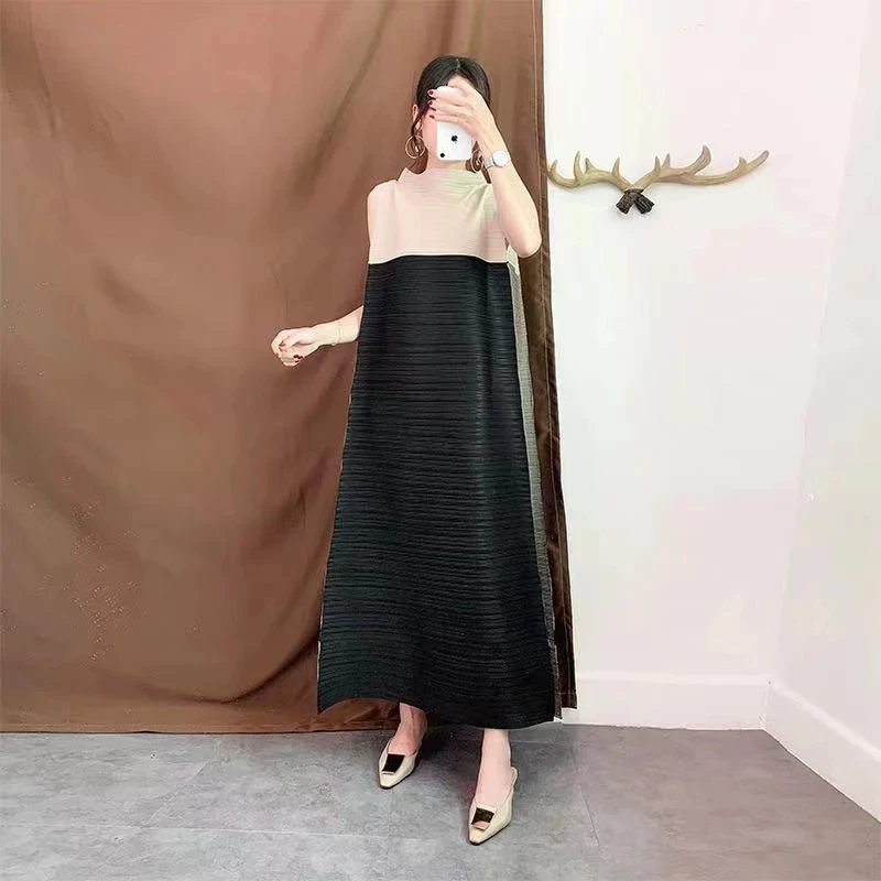 Miyake Pleated Dress 2023 Summer New Women Dress Elegant Stitching High Temperament Loose Casual Fashion Long Skirt Female Spot