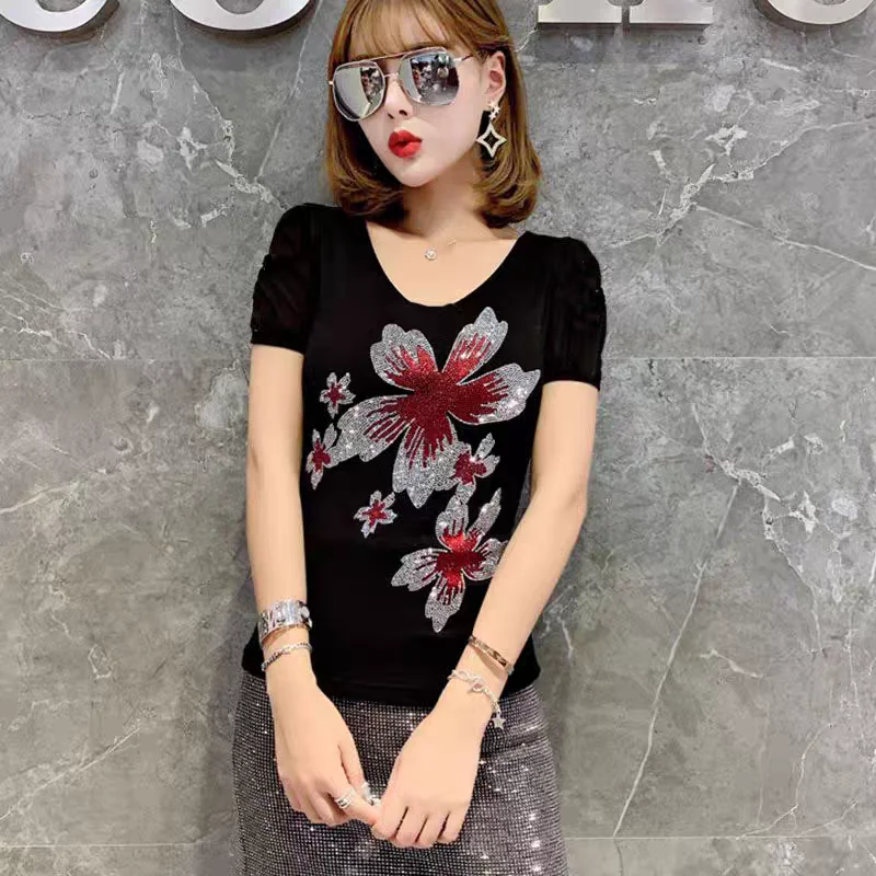 2024 Summer Fashion Korean T-shirt Clothes Sexy Flower Inlaid Diamonds Women Tops Ladies Short Sleeve Off Shoulder Mesh Tees