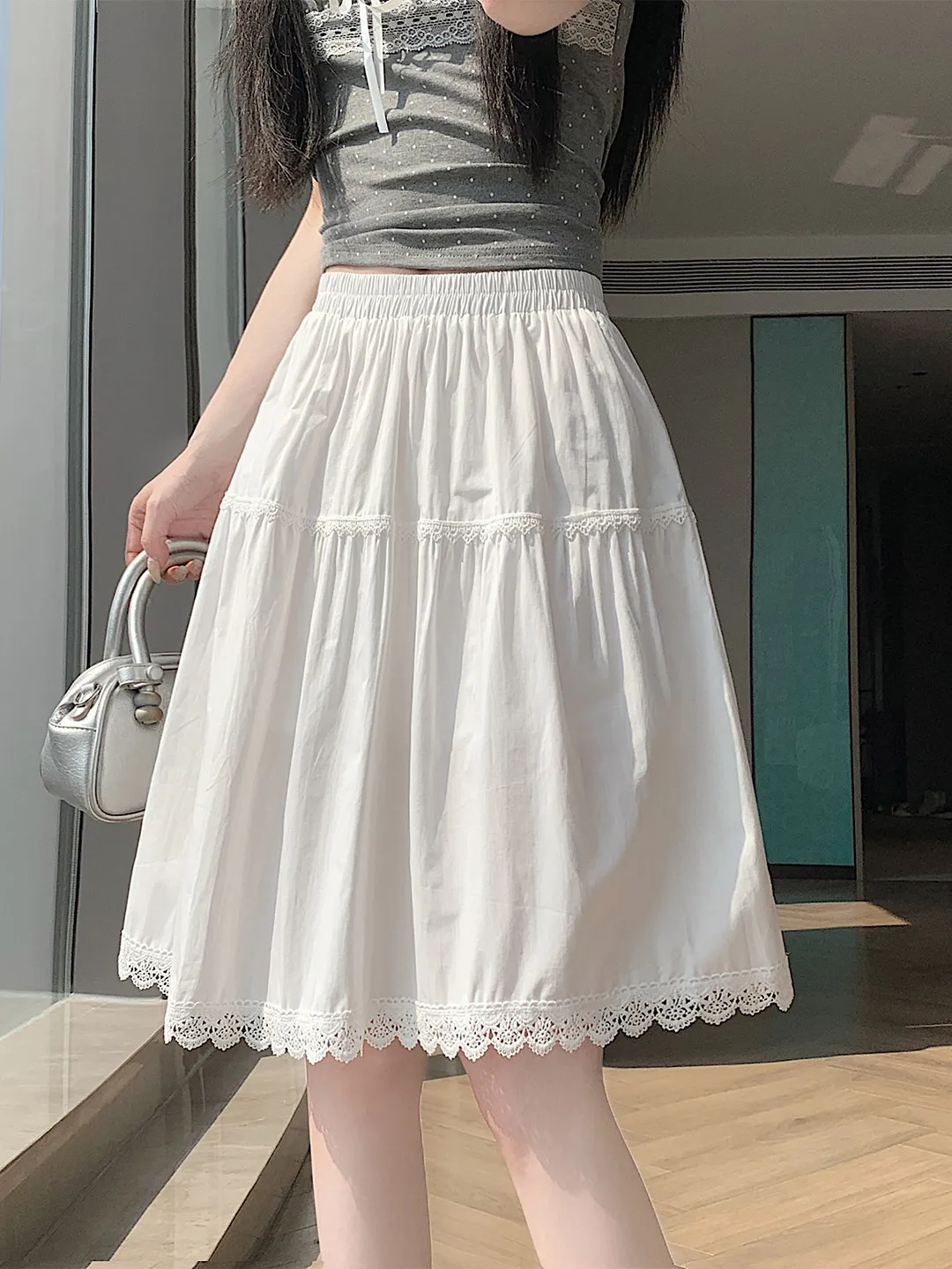 

High Waist A-Line Skirt Lace Trim Patchwork White Women's Midi Dress Fashionable Commute Korean Style Embroidered Inner Lined
