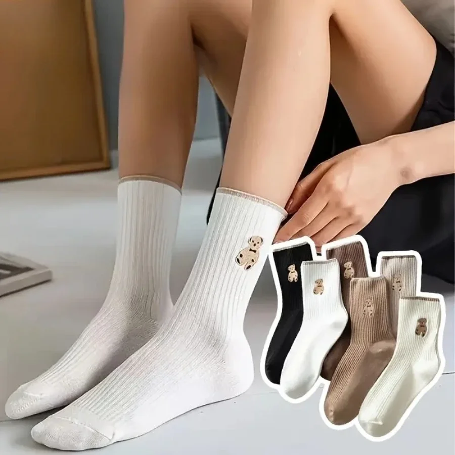 10 Pairs of Mixed Color Teddy Bear Mid Tube Socks, Soft and Comfortable All Year Round, Suitable for Daily Wear - Fun Socks