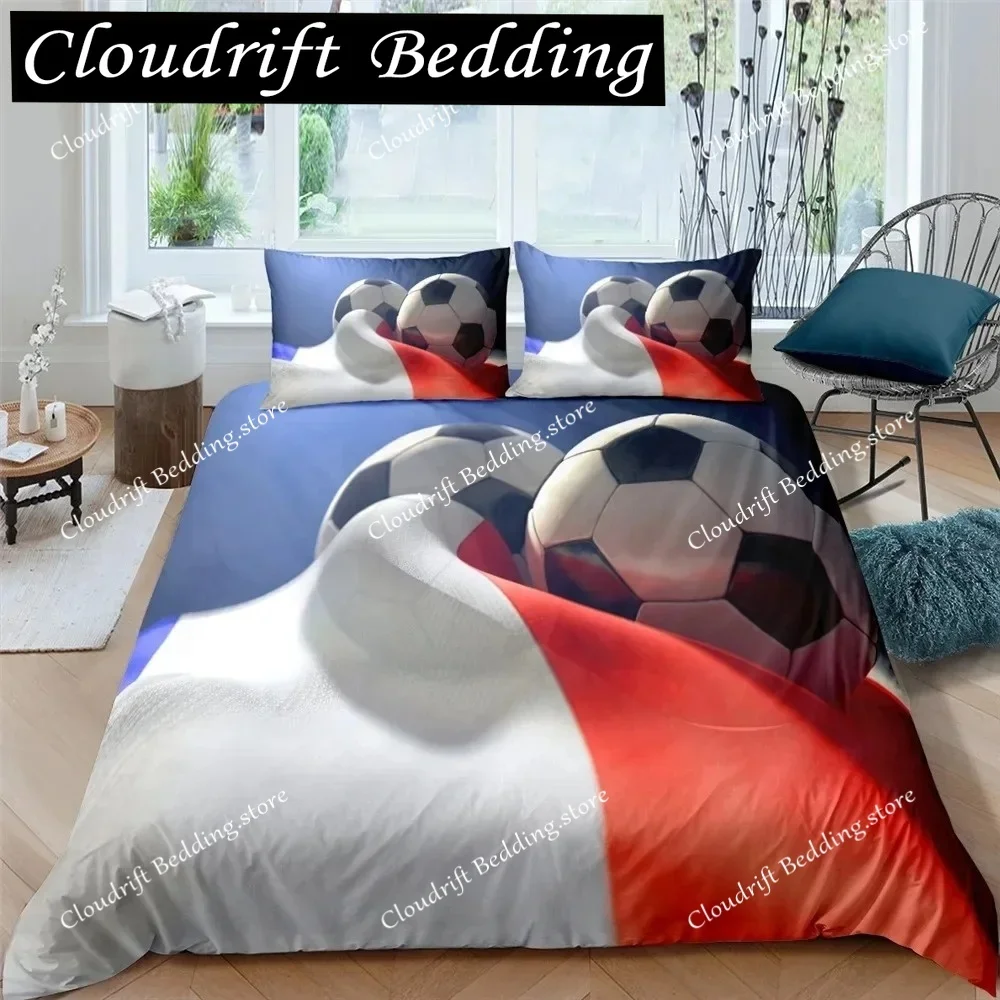 3D Football King Queen Duvet Cover Soccer Bedding Set for Kids Teens Boys Ball Sports White Red 23pcs Polyester Quilt Cover