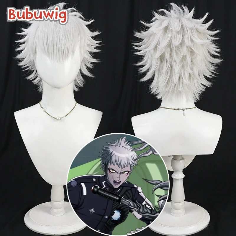 

Bubuwig Синтетические волосы Yakushiji Takemaru Косплей Парики The Hundred Line: Last Defense Academy Серебристо-белый парик Термостойкий