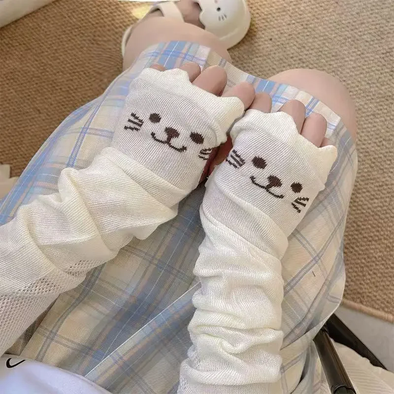 Women's Cute Cat Paw Printed Long Gloves Summer Sun Protection Fingerless Gloves Japanese Style Cartoon Breathable Arm Sleeves