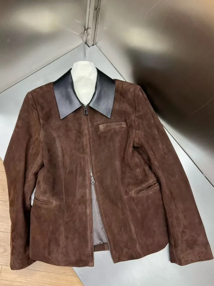 Capispalla in vera pelle confortevole da donna stile retrò con cerniera risvolto tinta unita maniche lunghe capispalla sottile in pelle scamosciata di pecora