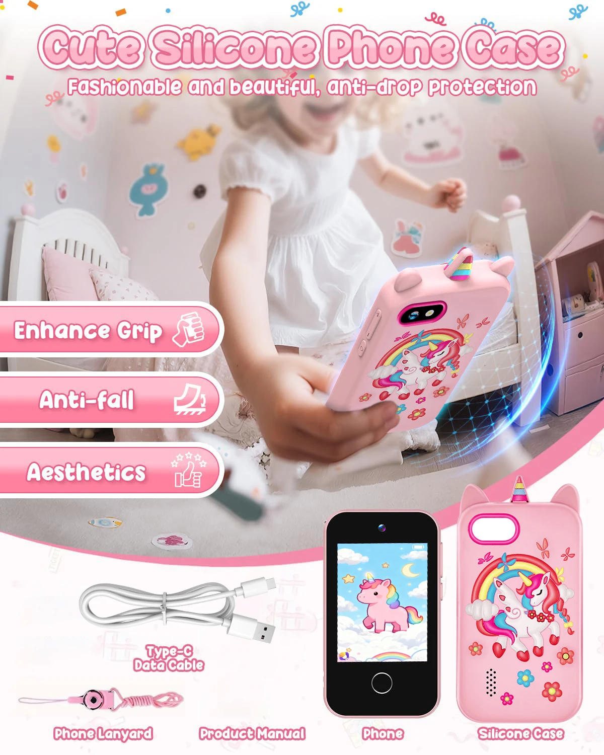 Kids phone Touchscreen operation, 48MP camera, supports 1080P HD video recording Equipped with a 64GB memory card and card reade