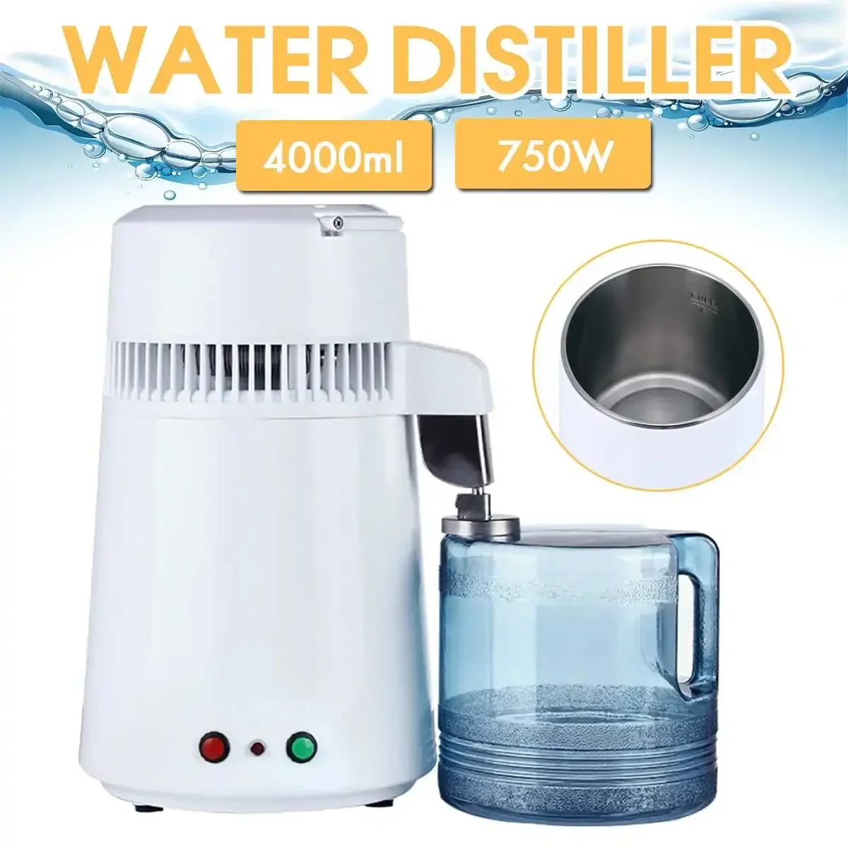 750W 4L Pure Water Distiller Water Purifier Container Stainless Steel Filter Device Household Distilled Water