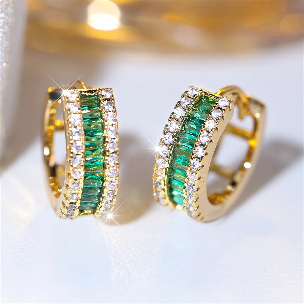 Green Crystal Small Square Stone Earring Multicolor Zircon Round Hoop Earrings For Women Vintage Gold Color Wedding Jewelry Gift