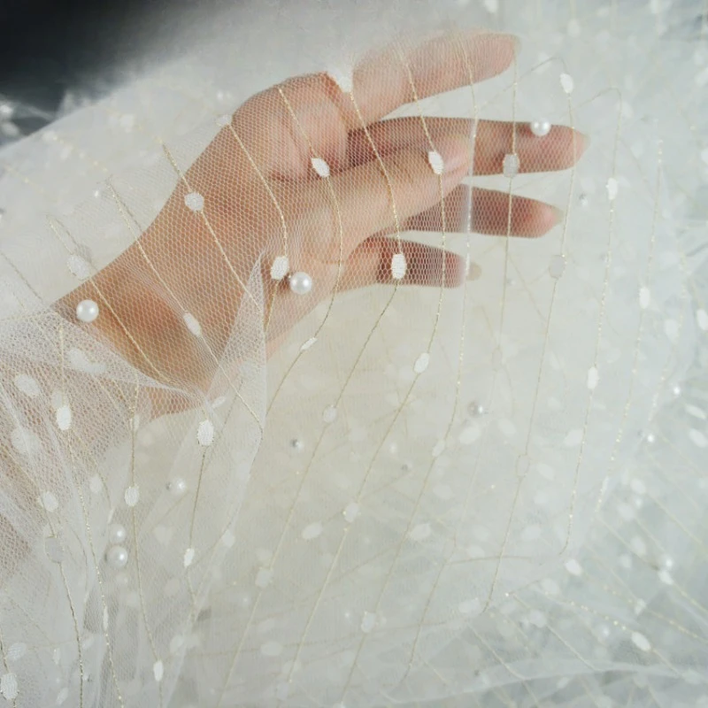 Mistlace  Beaded Pearl Tulle Fabric Golden Thread Meteror Shower Pattern Sheer Net 130cm Width for Bridal Dress Skirt ML278