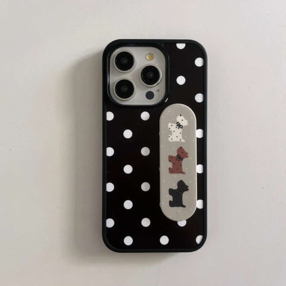 

Для iPhone 17 16 Pro Max 15 14 13 милый черный чехол в горошек с кольцом-держателем для щенка, корейский противоударный чехол Y2K
