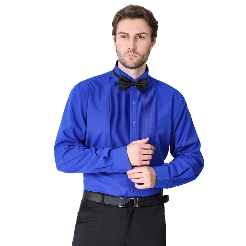 Camisa de vestir francesa para hombre, esmoquin de Color sólido, blanco, azul, negro, rojo, morado y amarillo, decoración plisada a la moda, novedad