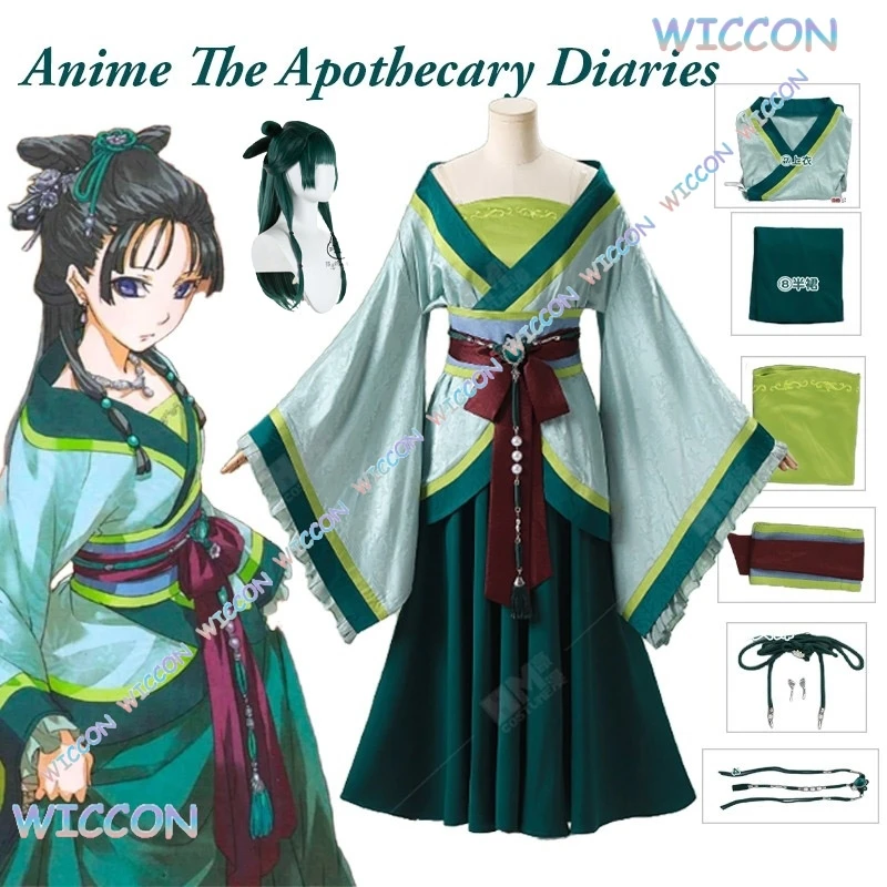 

Maomao Косплей Костюм Аниме Аптекарь Дневники Зеленая Униформа Китайское Платье Ханфу Головные Уборы Серьги Ожерелье Цепочка Женщины