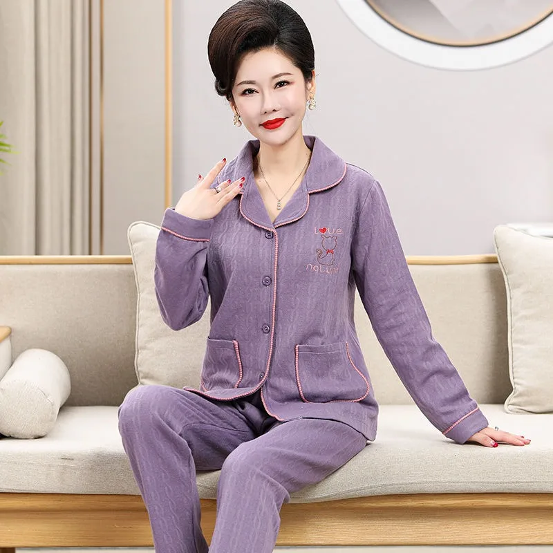 Autumn Winter Air Cotton Pajamas Women's Pure Cotton Thickened Loungewear Long Sleeve Middle Aged Sleepwear Thin Cotton Clip Set