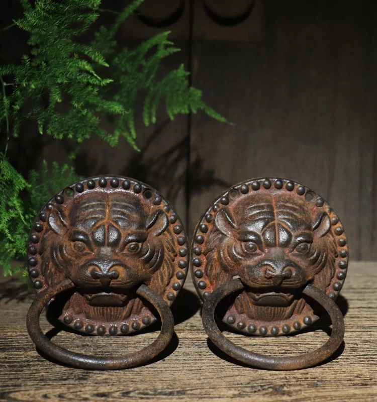 Old iron Chinese antique pure iron tiger head door ring retro architectural decoration Swiss beast iron handle door pull ring