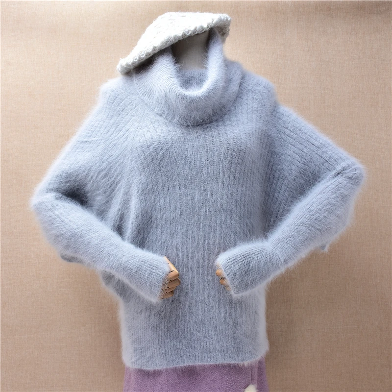 Women Mujer Autumn Winter Clothing Grey Hairy Mink Cashmere Knitted Turtleneck Long Batwing Sleeves Loose Pullover Sweater Pull