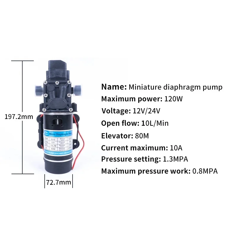 물 고압 다이어프램 자체 프라이밍 펌프 분무기, 세차, 12V, 120W, 130PSI, 10L/min