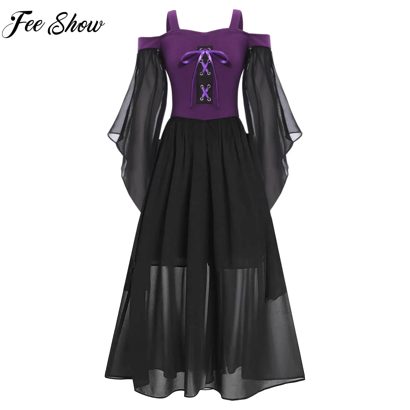 

Kids Girls Halloween Medieval Gothic Dress Butterfly Sleeve Lace Up Front Flowy Dress for Cosplay Dress Up Performance Costume