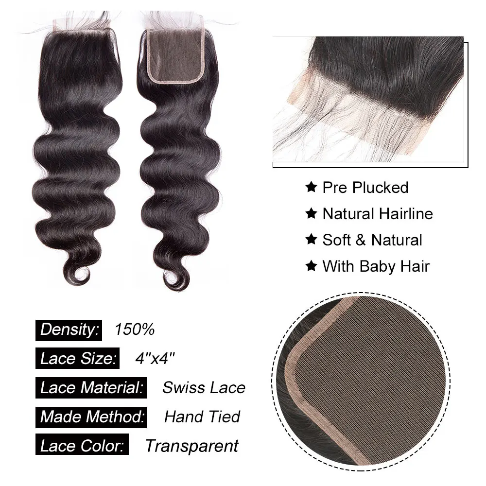 4x4 Body Wave Lace Closure Human Hair 5x5 6x6 Body Wave Human Hair Closure Preplucked Remy Transparent 13x4 13x6  Lace Frontal