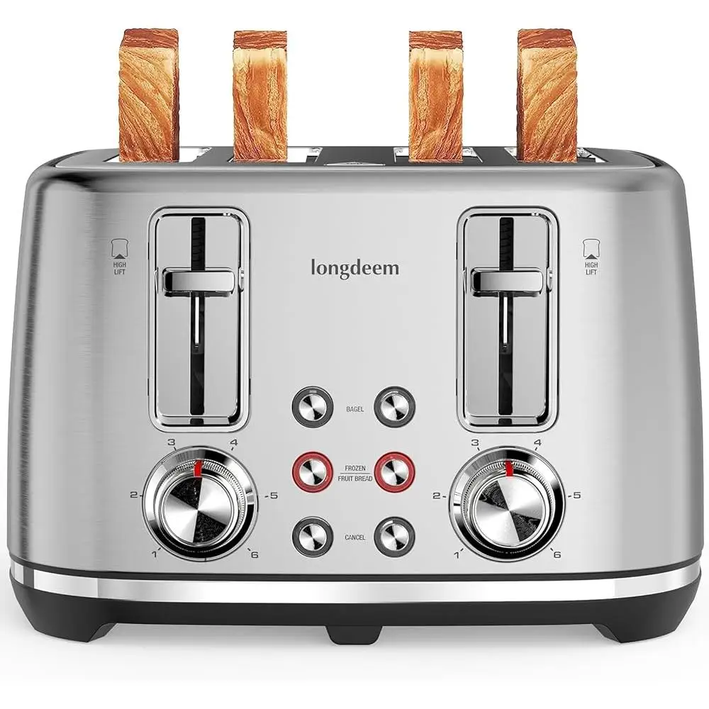 Retro 4 Slice Toaster Wide Slots Removable Crumb Tray 6 Browning Options Auto Shut Off Frozen Function Kitchen Essential