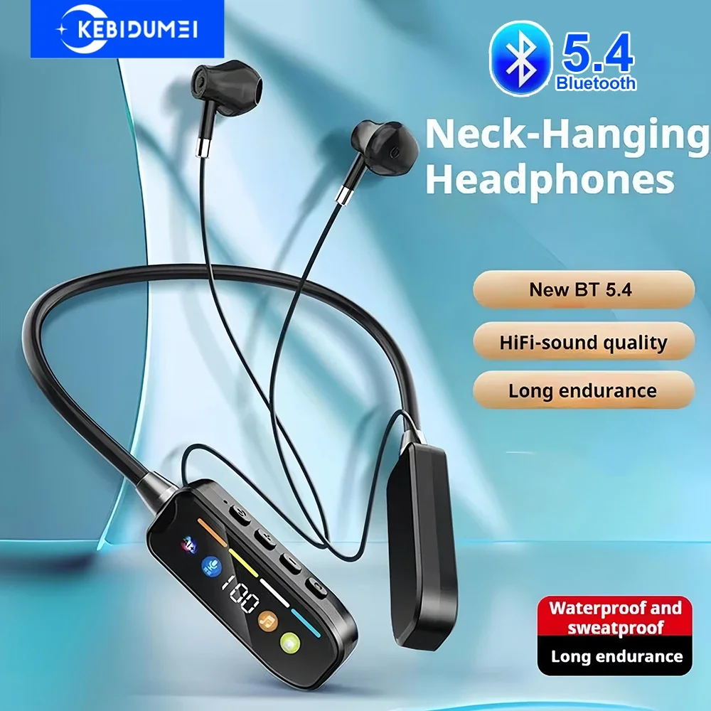 HD Screen Bluetooth 5.4 Headphones Neckband Earphones TWS Wireless Headsets HiFi Stereo Waterproof Earbuds Support TF Card