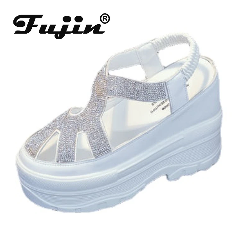 

Fujin 12cm Genuine Leather Women Platform Sandals Wedge Heel Slippers Beach Shoes Summer Women Elegant Female Slides Rhinestone