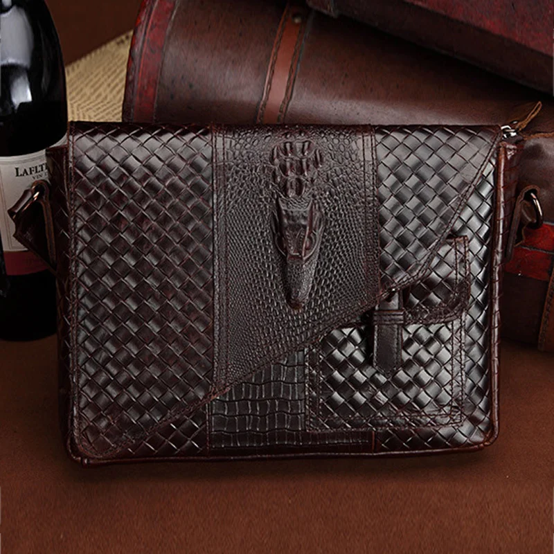 New Men's Genuine Leather Retro Business Bag Crocodile Pattern Briefcase Designer Oil Wax Cowhide Single Messenger Shoulder Bags