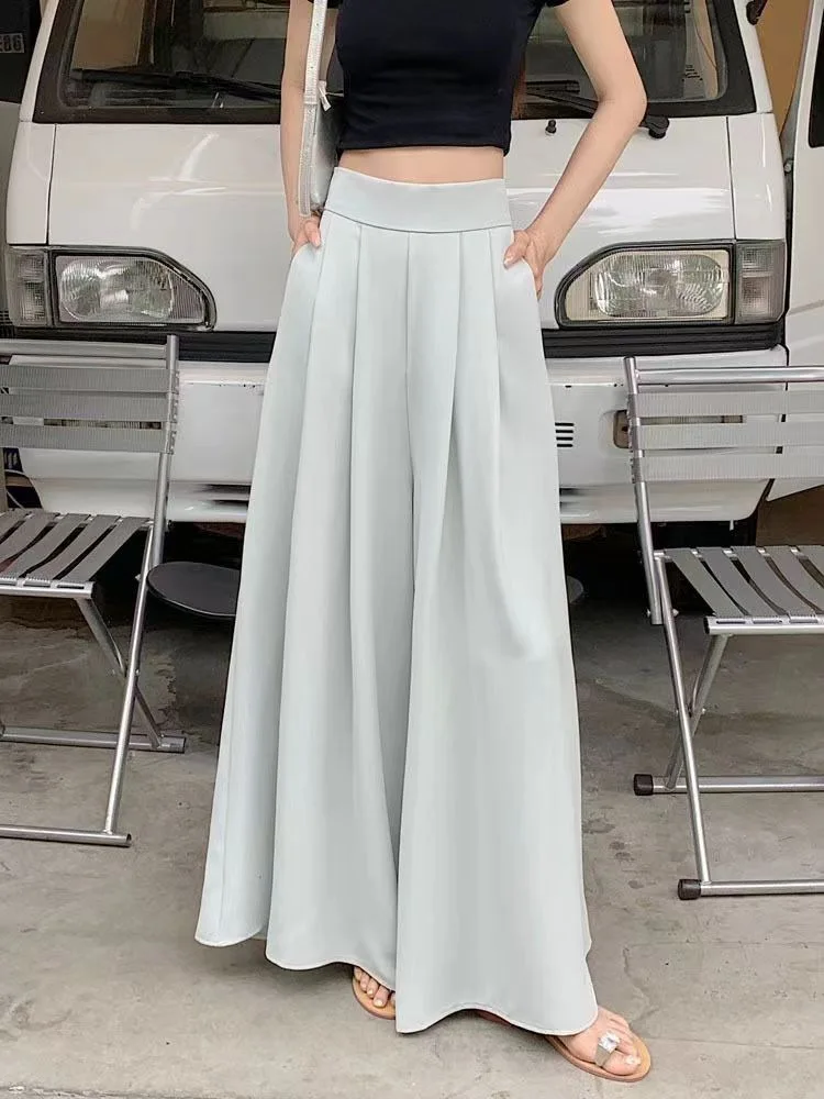 Large Wide Leg Pant Skirt for Women\'s Spring Summer Thin Pleated Suit Pants High Waist Drape Office Ladies Casual Dress Trousers