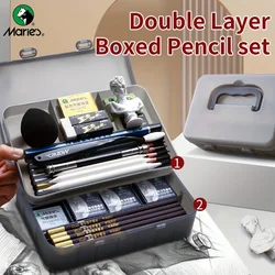 Marie's 23/27pcs Pencil Set with Double Layer Box with Charcoal Graphite,Pencils,Erasers,Knife,for Painting,Writing for Adults