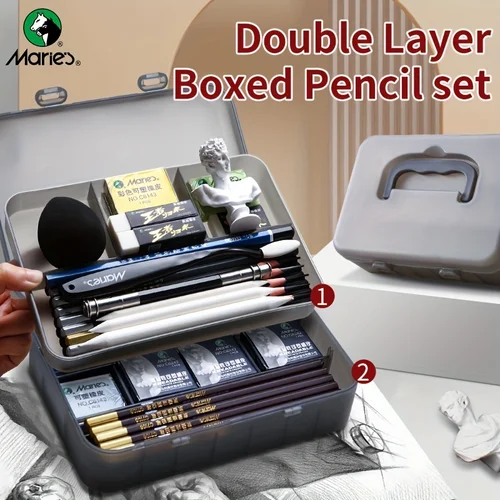 Imagen 1 del producto Juego de lápices Marie's 23/27 piezas con caja de doble capa con grafito carbón, lápices, borradores, cuchillo, para pintar, escribir para adultos