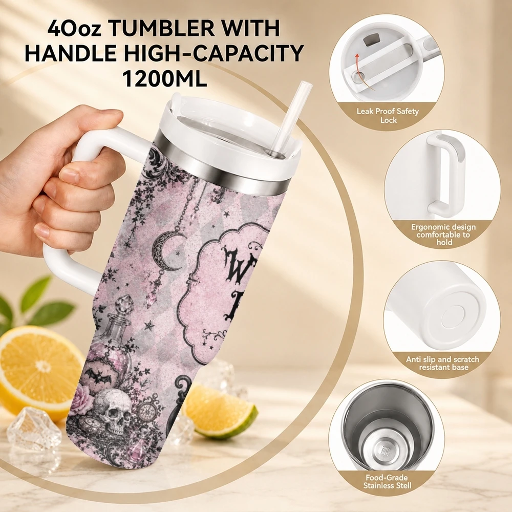 Halloween Witch Designs Vacuum Flasks 40oz Stainless Steel Travel Tumbler with Handle Straw Lid Double Wall Vacuum Insulated