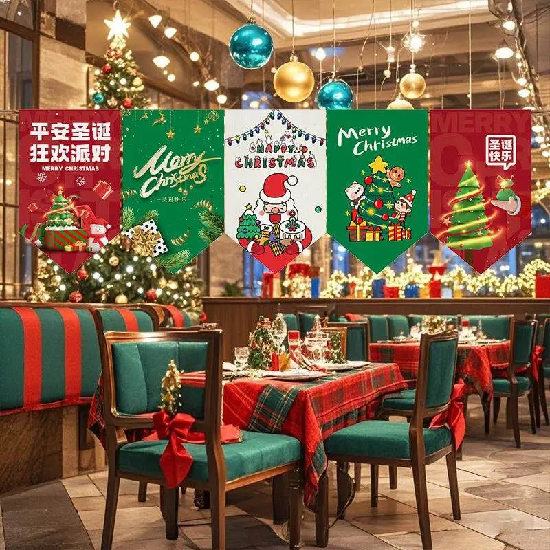 VIKAMA Christmas Triangle Flag Cartoon Santa Gift Xmas Tree Snow Globe Print Pennant Banner For Home Party Window Decor