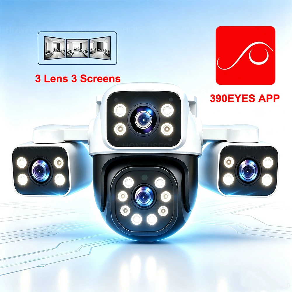 390Eyes 12MP WiFi PTZ Outdoor Camera 3 Lens 3 Screens Motion Detection Auto Tracking Color Night Vision Home Security Camera