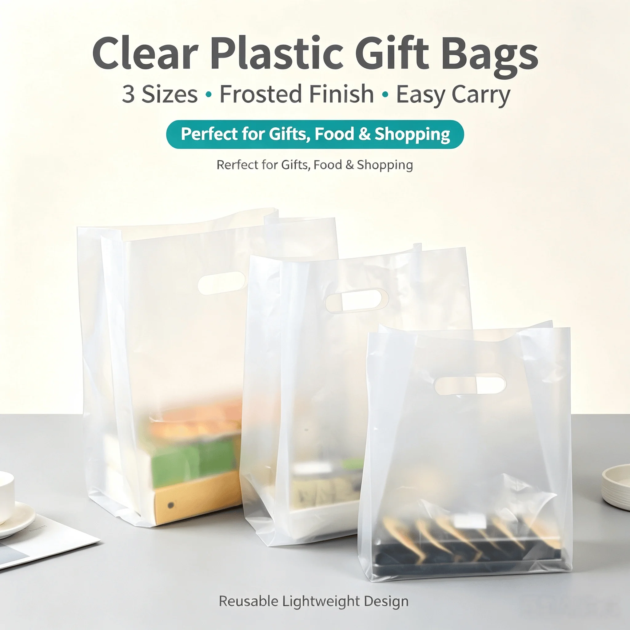 50枚入り透明プラスチックギフトバッグ（ハンドル付き）-ベーキング用包装袋、ケーキ店、デザート、ペストリー、厚手包装