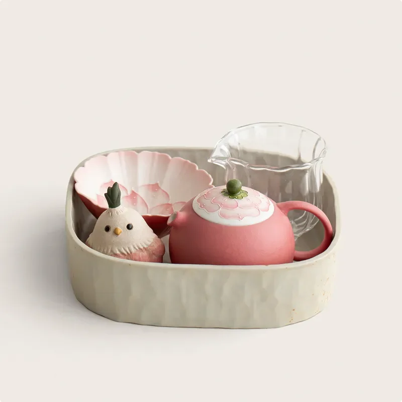Hand Painted Underglaze Lotus Bento Box Set With Glass Tea Cup Cute Bird Tea Pet One Person Dining Ware High Quality Ceramic
