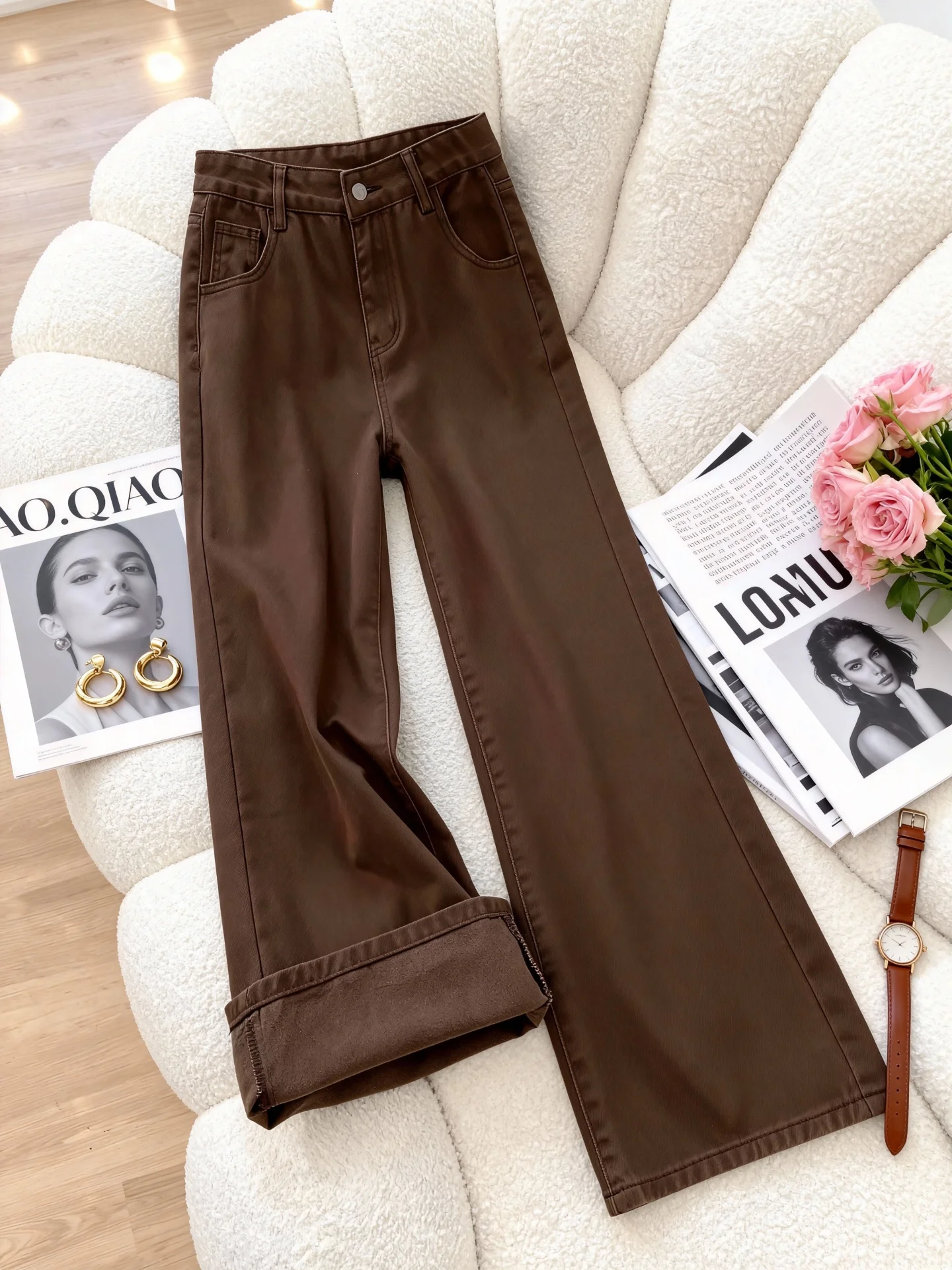 

Большие размеры, джинсы с высокой талией на подкладке, американские джинсы с широкими штанинами, женские осенне-зимние грушевидные облегающие прямые широкие брюки