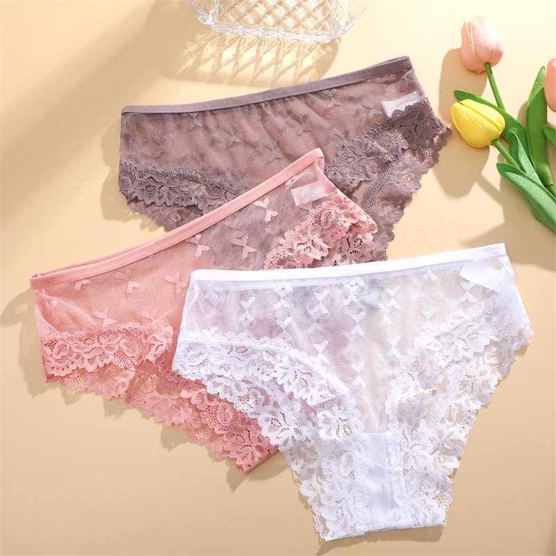 FINETOO 5PCS Women\'s Perspective Lace Panties Sexy Hollow Out Underwear Briefs Female Solid Color Lingerie Floral Intimates S-XL