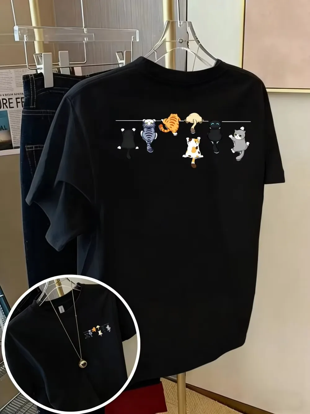 Cartoon-Katzen-Print-T-Shirts, Sommer-Damen-T-Shirts, O-Ausschnitt, modische Harajuku-Look, lässige Streetwear-Tops, ästhetische Oberteile, Damenbekleidung. – Detail 6