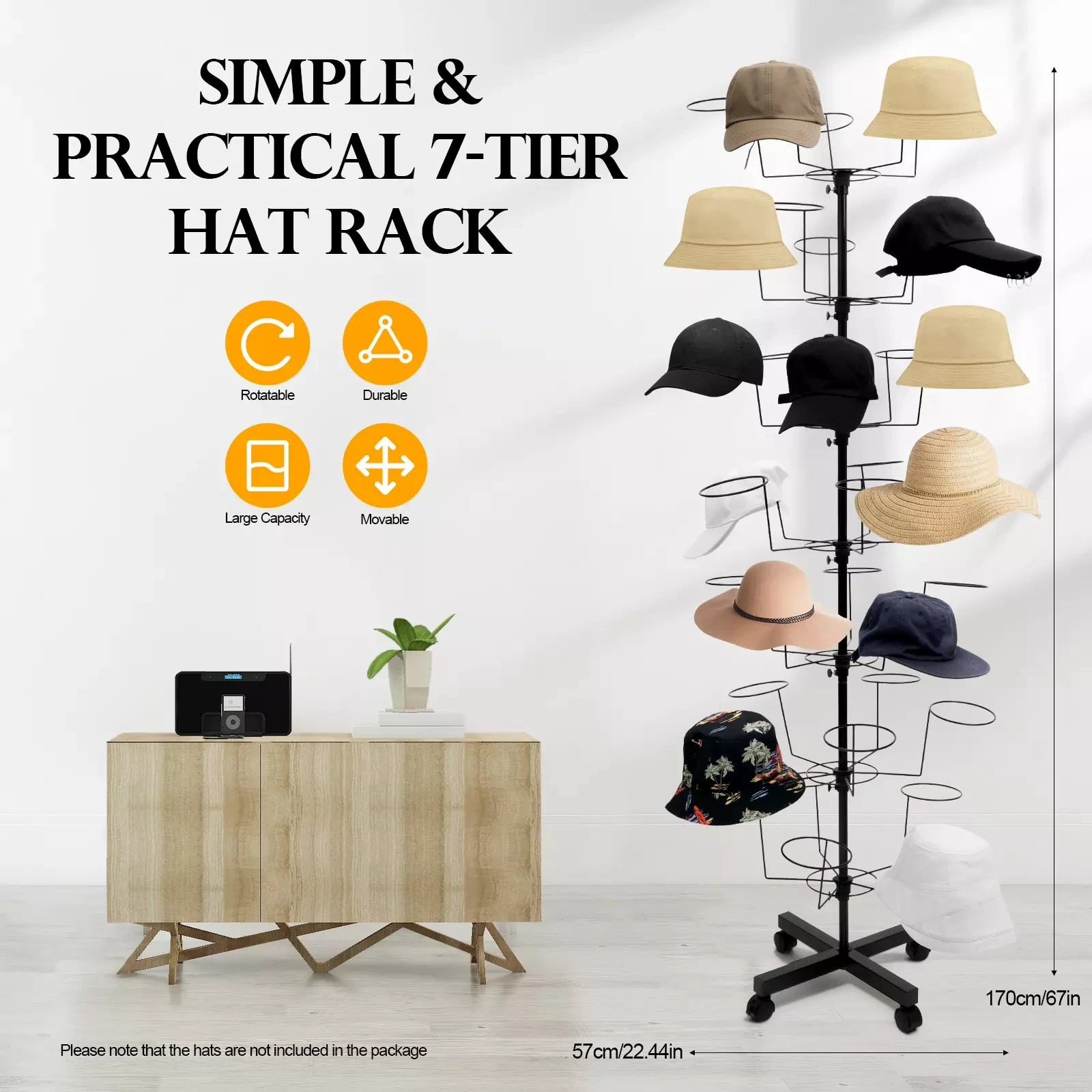 

Rotating 7-Tier Hat Display Rack, Cowboy Baseball Hat Stand, 35 Hats Organizer